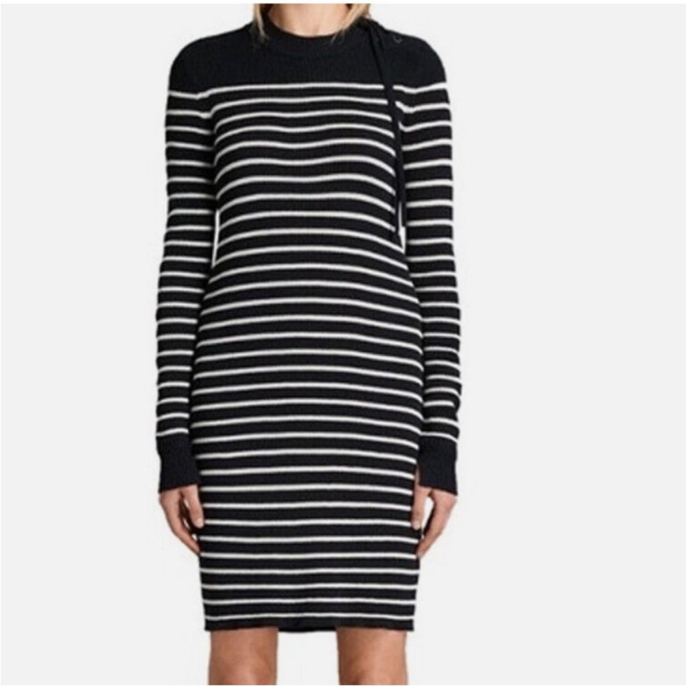 All Saints Black And White Striped Knit Sweater Tie Long Sleeve Dress Size Med